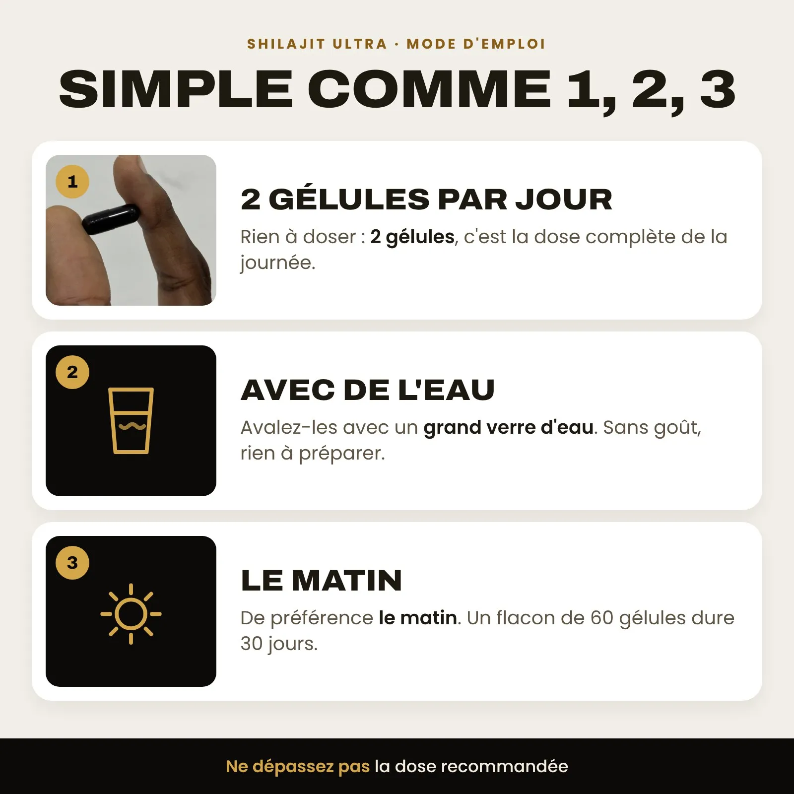 Mode d’emploi des gélules : 2 gélules par jour, le matin, avec un grand verre d’eau