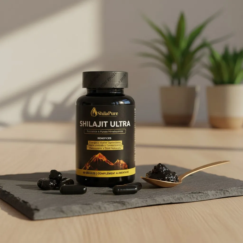 Flacon de gélules et cuillère de résine de shilajit SHILAPURE