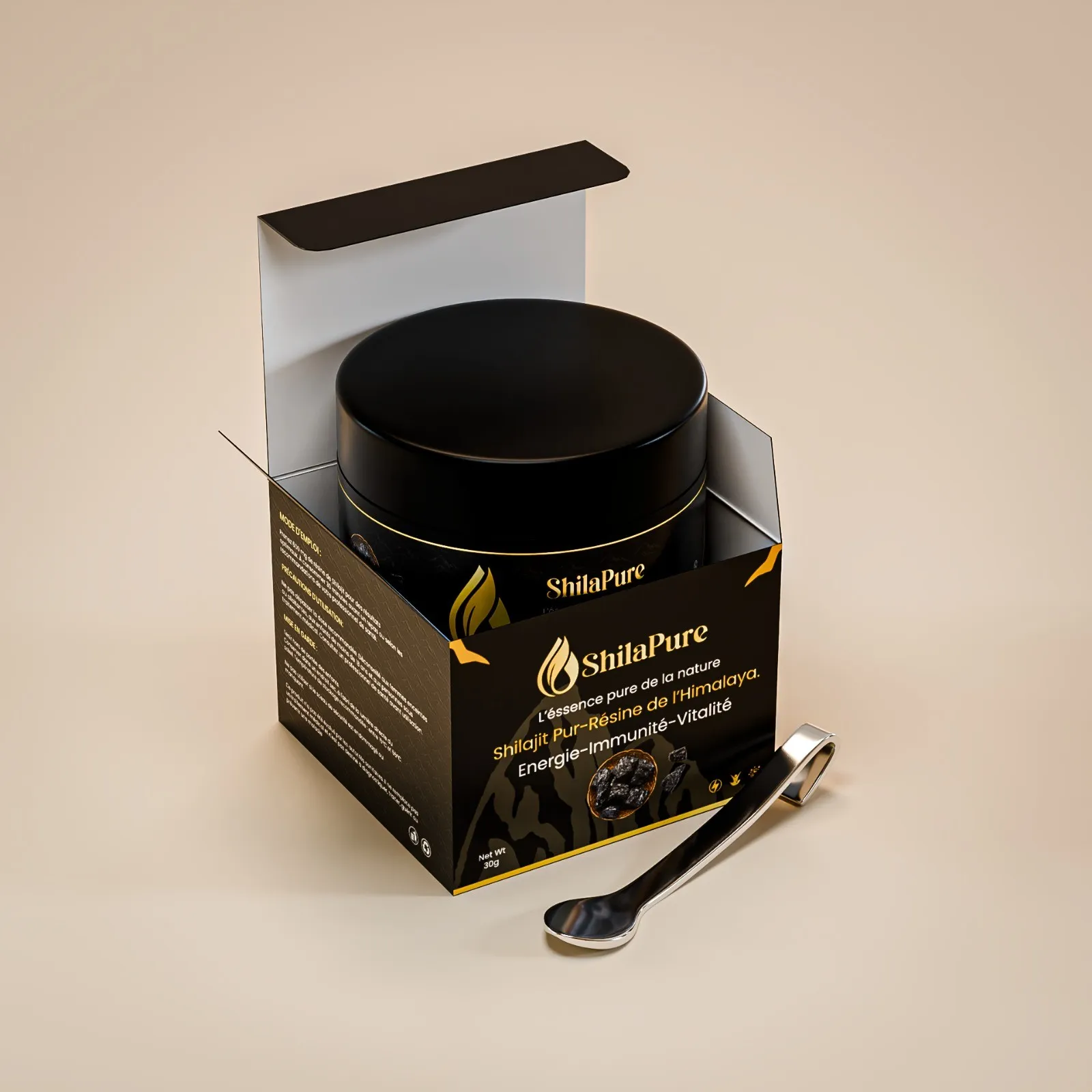 Pot de Shilajit Résine pure SHILAPURE dans son coffret