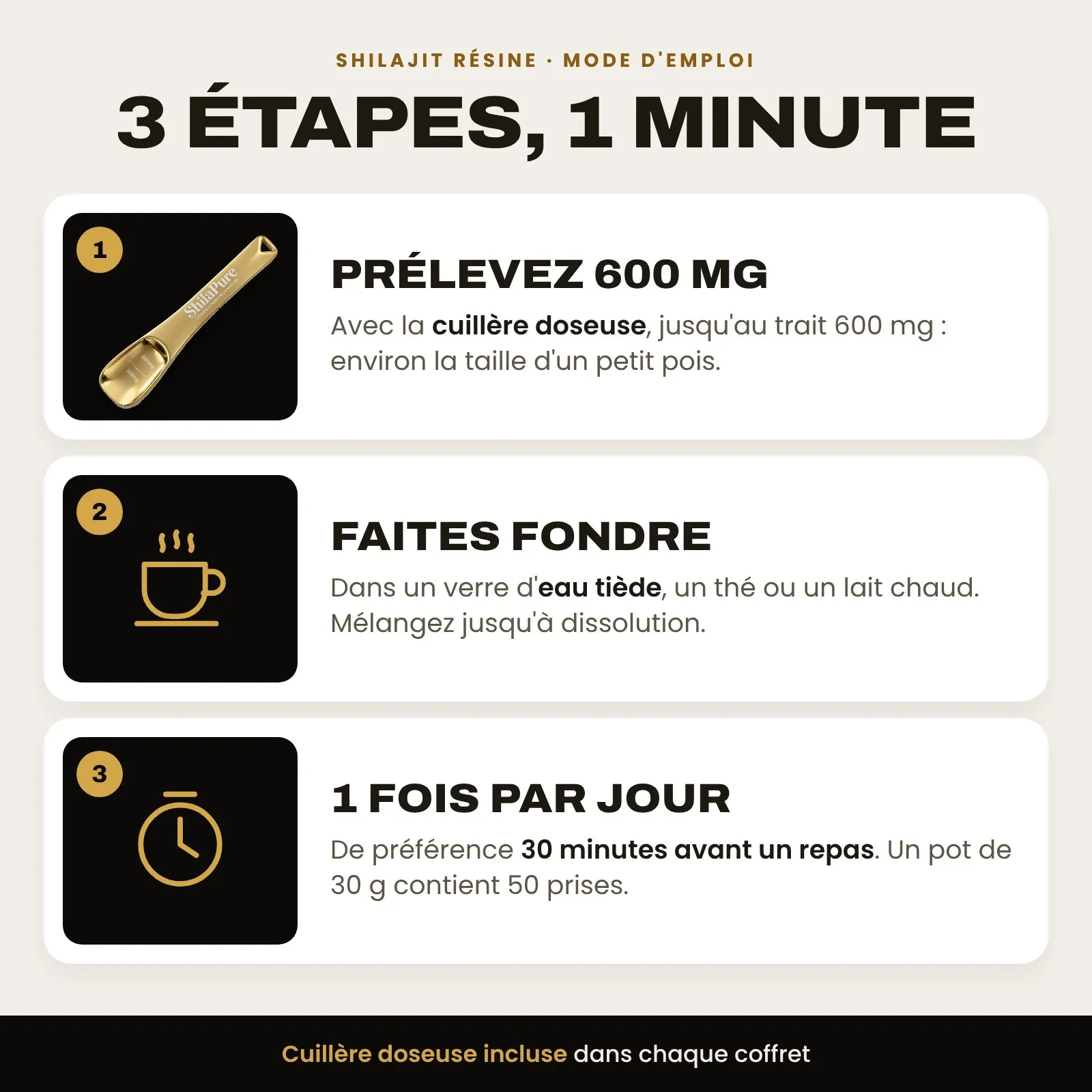Mode d’emploi de la résine : 600 mg avec la cuillère, fondre dans une boisson tiède, 1 fois par jour
