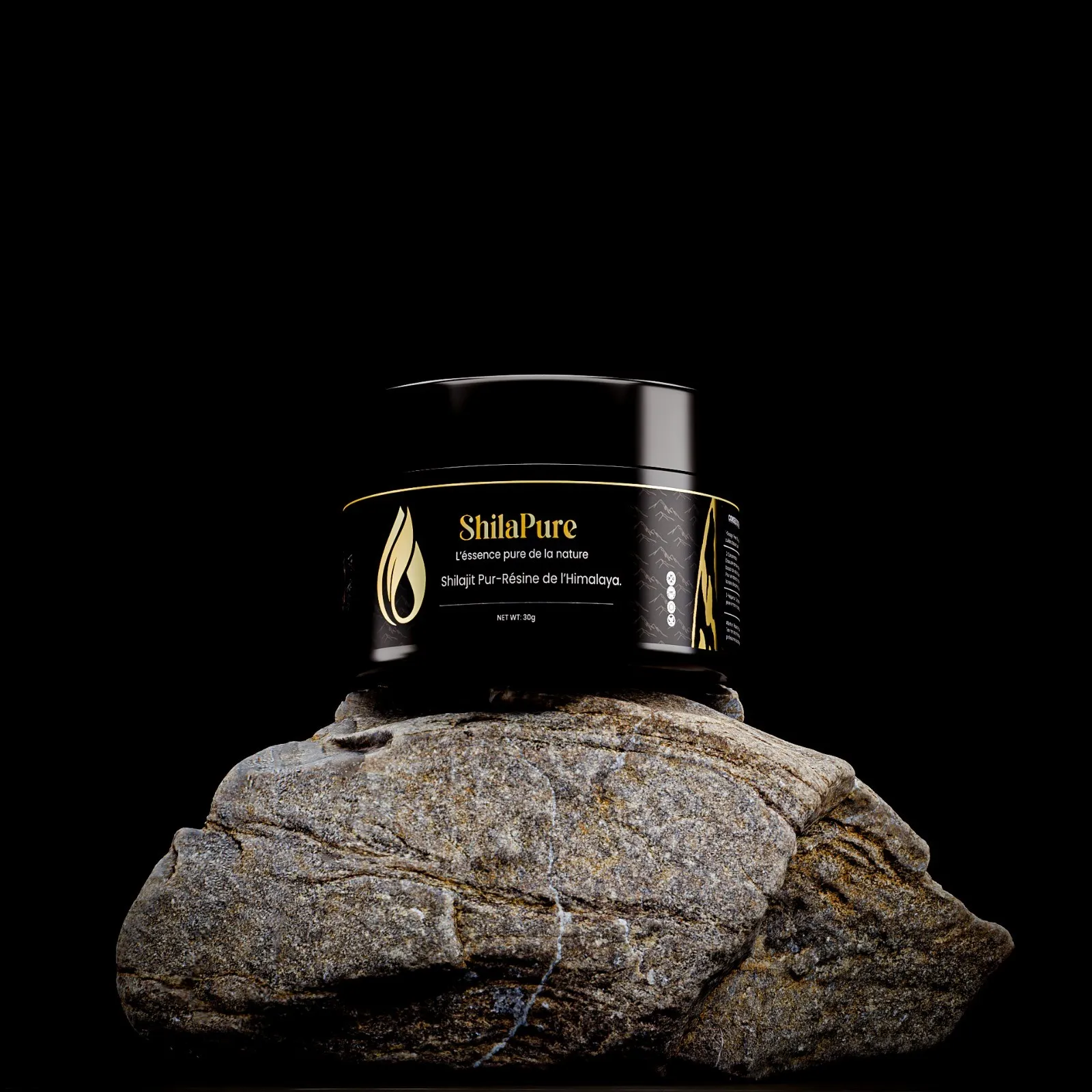 Pot de résine de shilajit SHILAPURE posé sur une roche